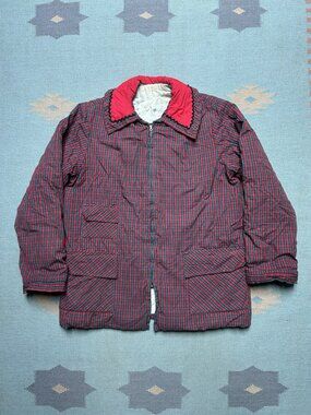 Vintage 50s quilt lined jacket crown zip 3 pocket cotton red green plaid S/M?